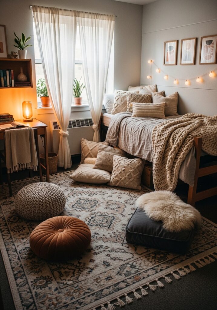 Cozy textiles adding warmth to dorm room decor