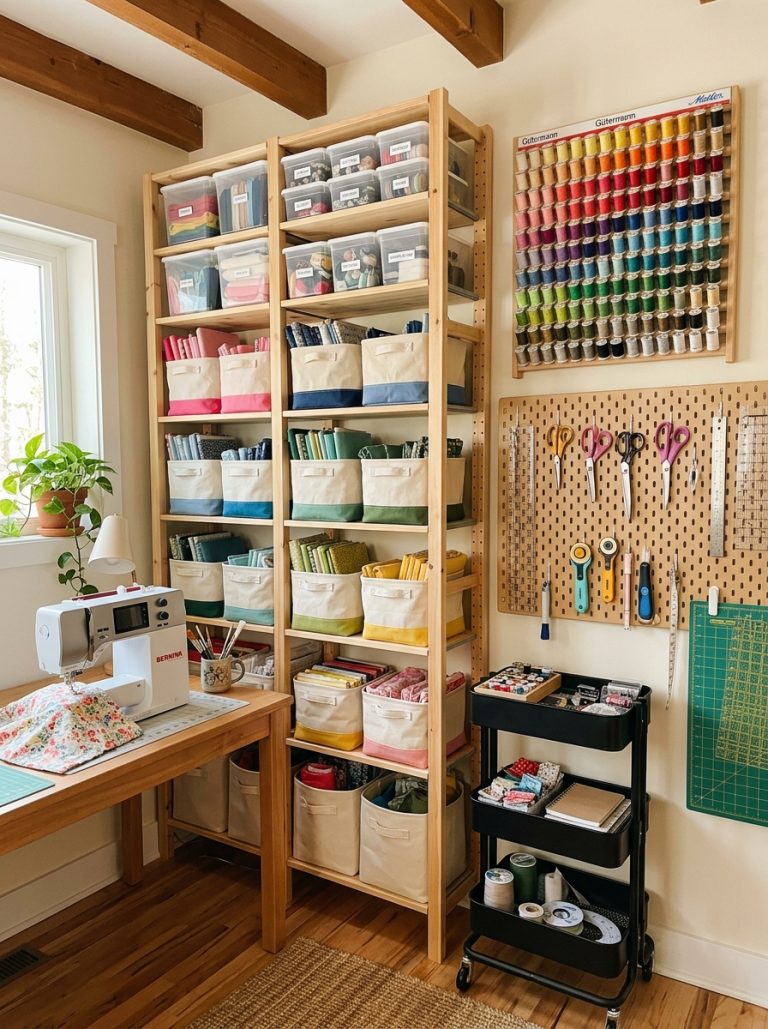 Beautiful sewing room storage wall with floor to ceiling open shelving fabric bins sorted by color thread rack labeled containers rolling cart and pegboard with tools organized neatly