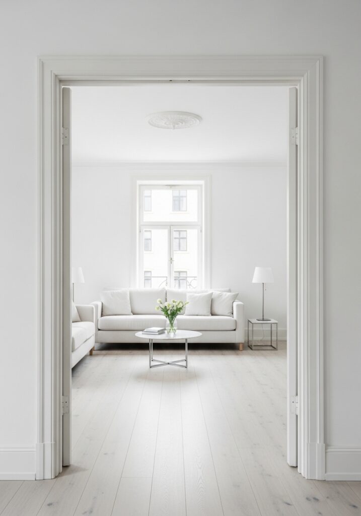 All-white minimalist living room with clean bright foundation