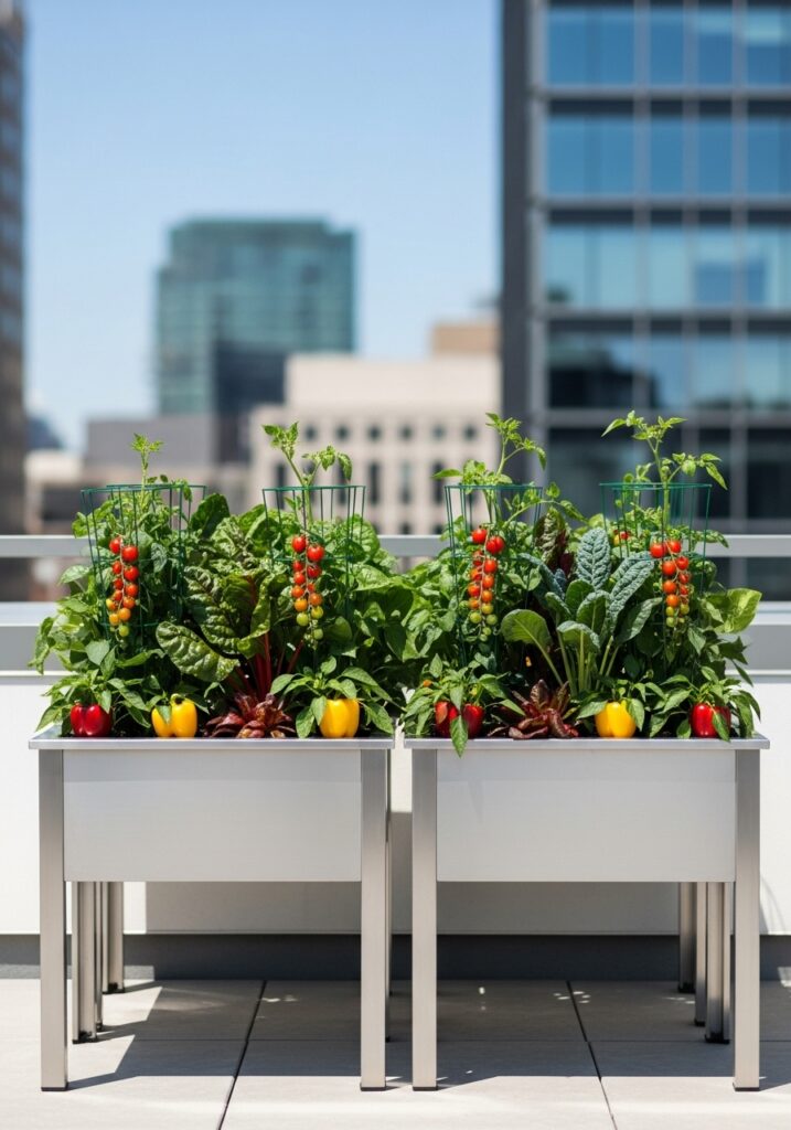 Sleek aluminum raised planter boxes with contemporary design on urban terrace