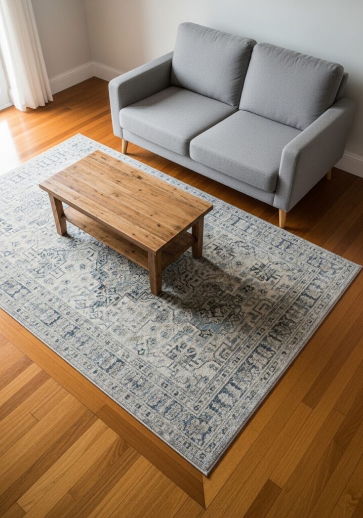 Area rug defining seating zone in small open concept living room