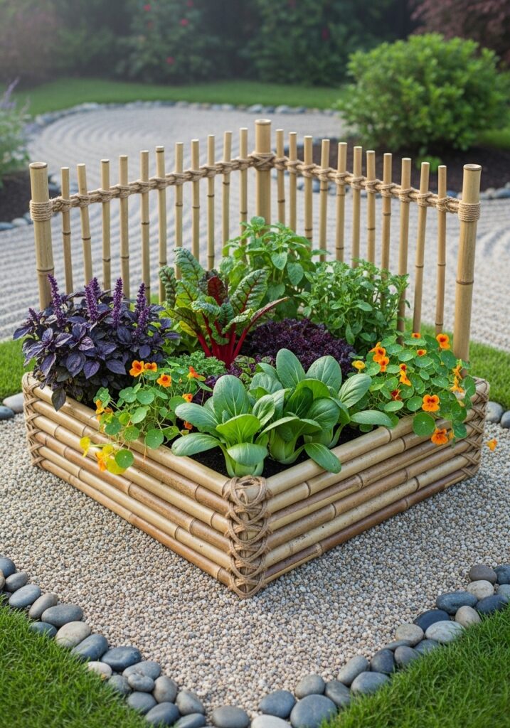 Raised garden bed edged with vertical bamboo poles creating natural border