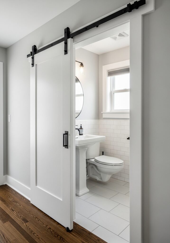  Sliding barn door saving space in small bathroom entry