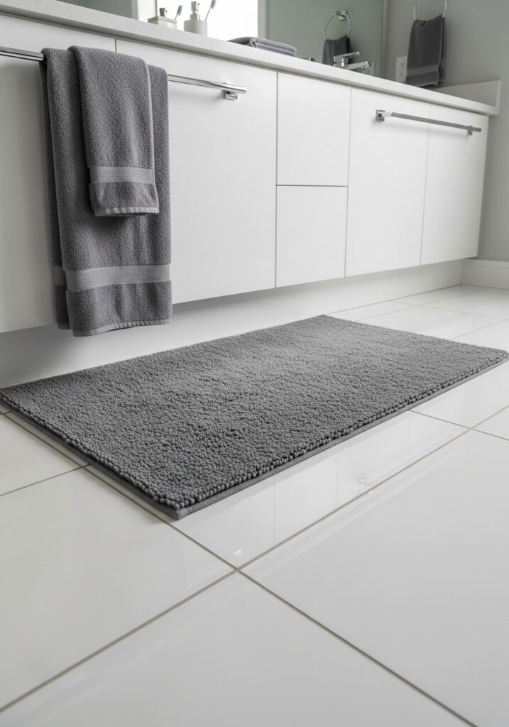 Soft gray bathroom rug on white tile floor