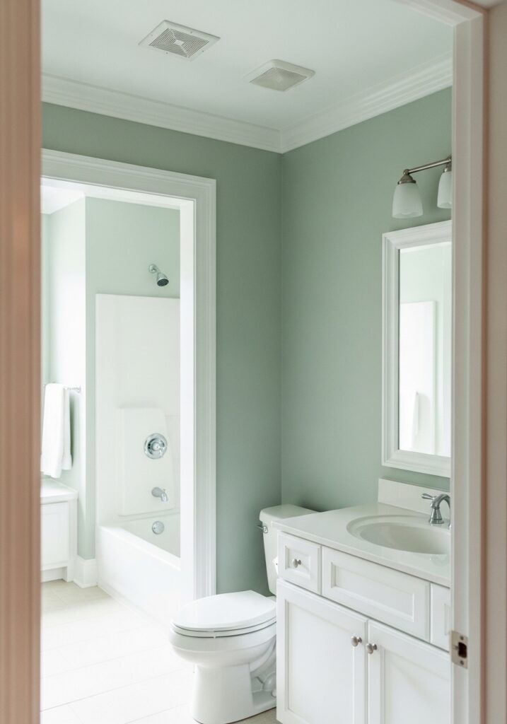 Bathroom walls painted soft sage green with white trim