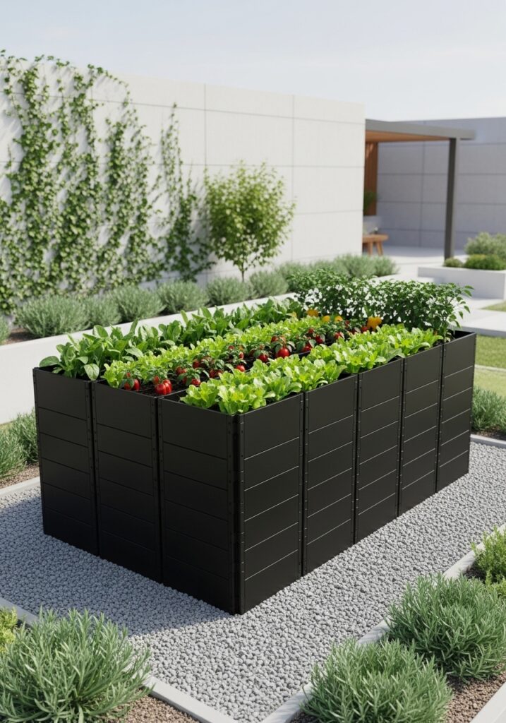  Modern black plastic modular raised bed kit filled with organized vegetables