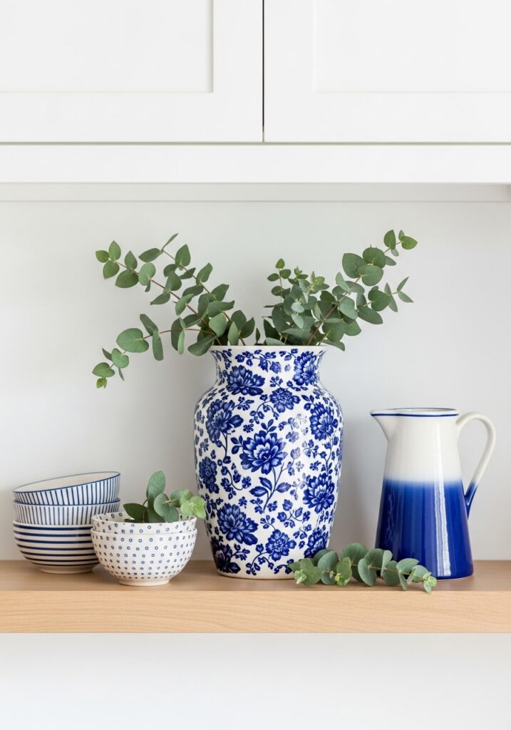 Blue and white ceramic pottery with eucalyptus on open kitchen shelf for coastal summer decor