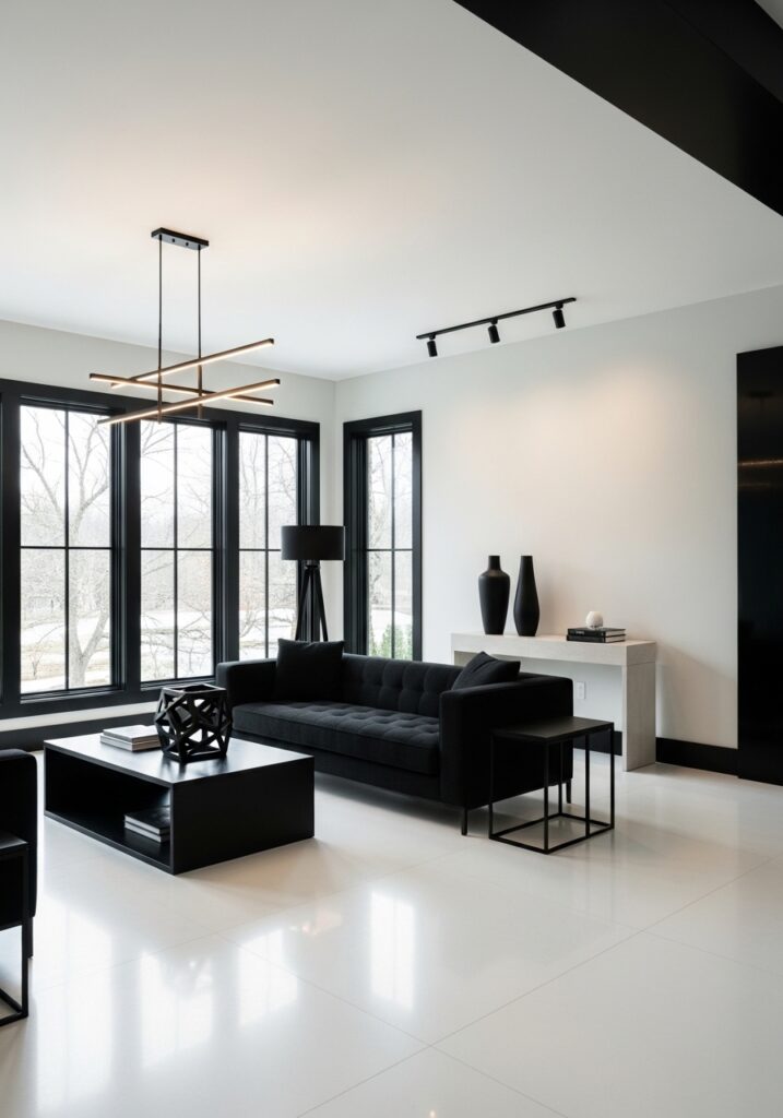 Bold matte black accents defining modern living room design 2026

