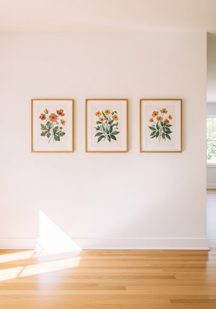 Row of three botanical prints in wood frames on white hallway wall for summer home decorating