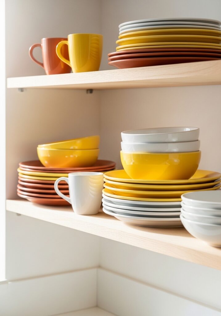 Terracotta, yellow, and white summer dishes displayed on open kitchen shelf for seasonal home decoration