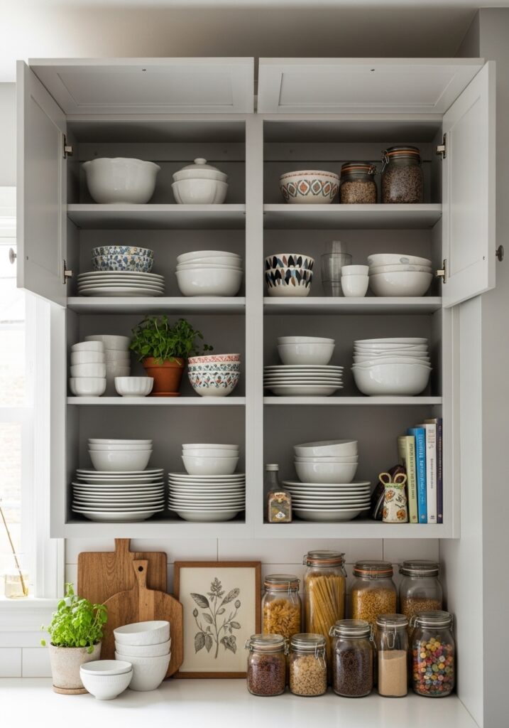 Free kitchen update with upper cabinet doors removed for open shelving look