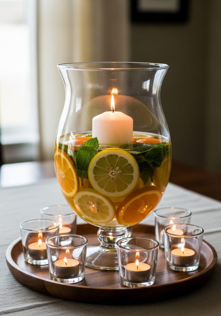 DIY citrus candle centerpiece with lemon slices, mint, and floating candle in glass vase for summer table decor