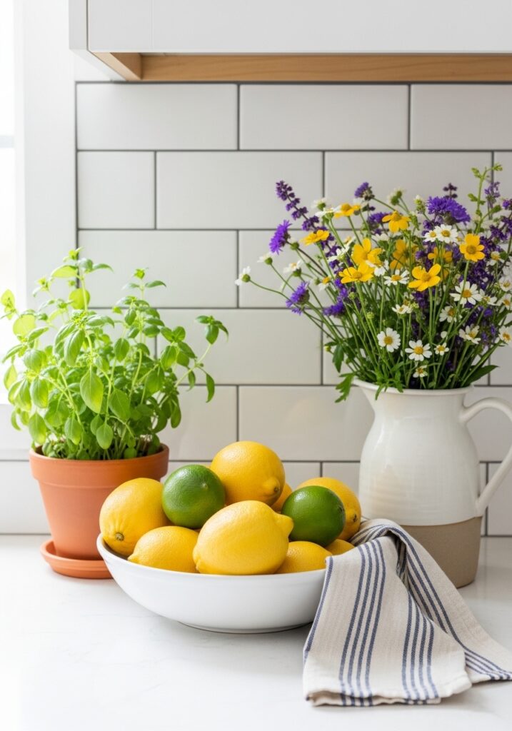 Fresh lemon and lime bowl with herbs and white ceramic jug in summer-styled kitchen vignette