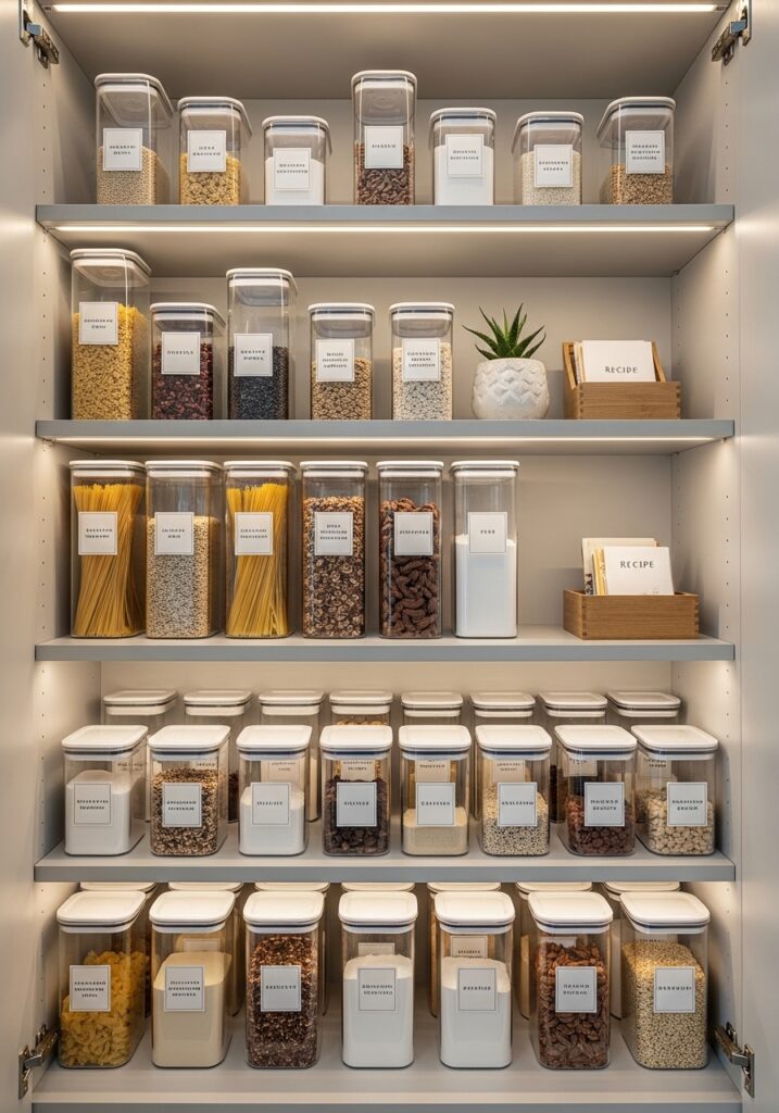 Budget kitchen pantry with clear containers creating organized expensive look