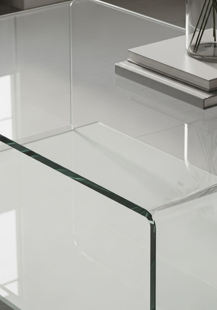 Completely clear coffee table surface in minimalist living room
