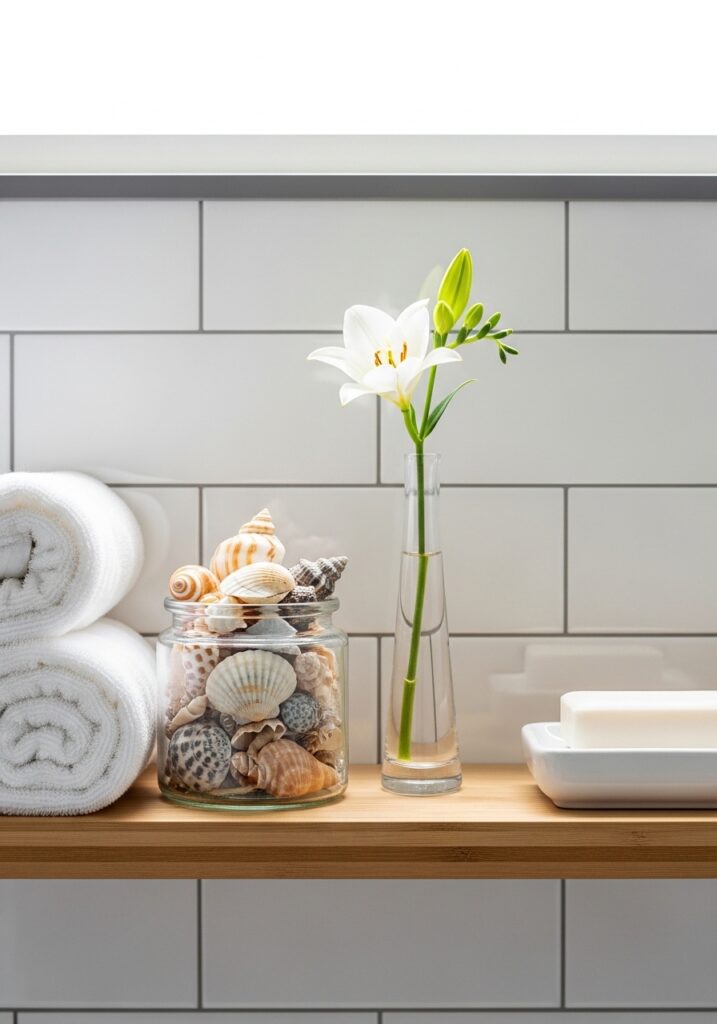Coastal bathroom shelf styled with white towels, sea shells, and bud vase for summer home decorations