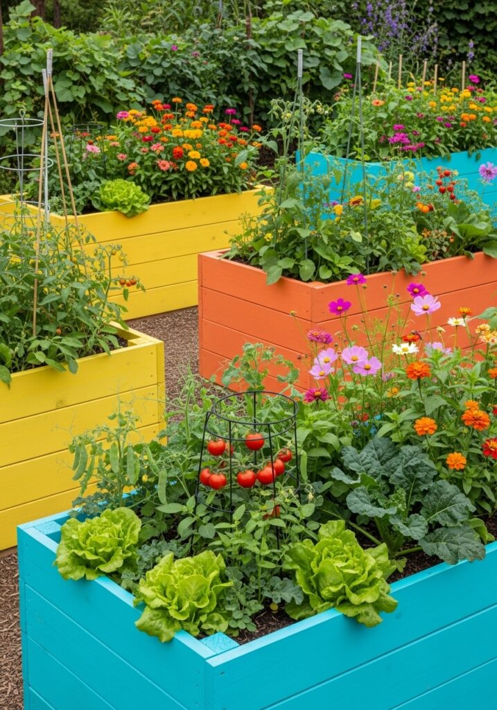 Bright colored painted wood raised garden beds in yellow orange and turquoise