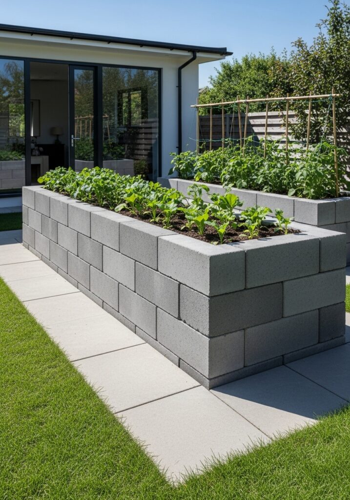  Modern raised garden bed built from smooth concrete blocks in minimalist garden