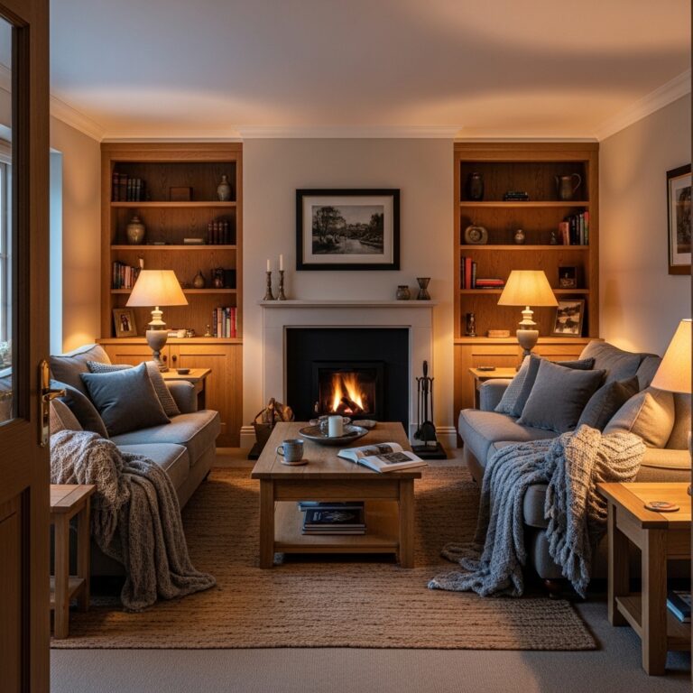 Cozy living room design with plush sofa, soft blankets, and warm lighting