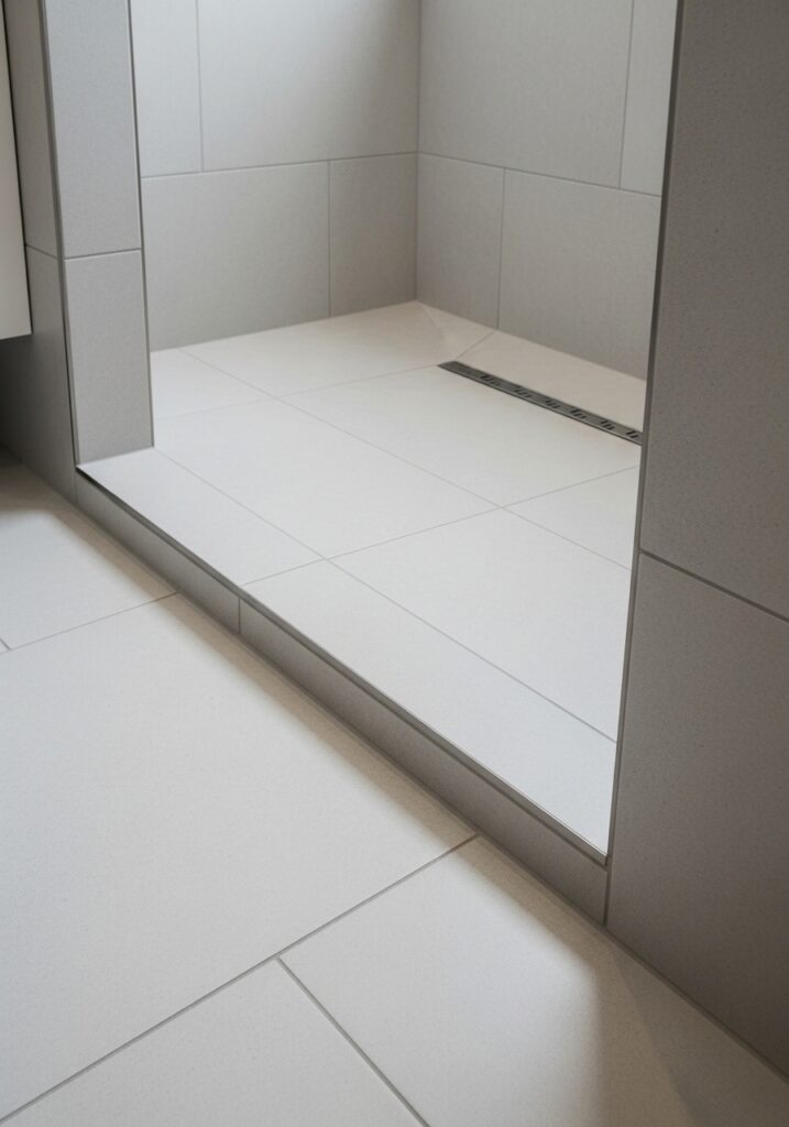Curbless shower with seamless tile in small bathroom