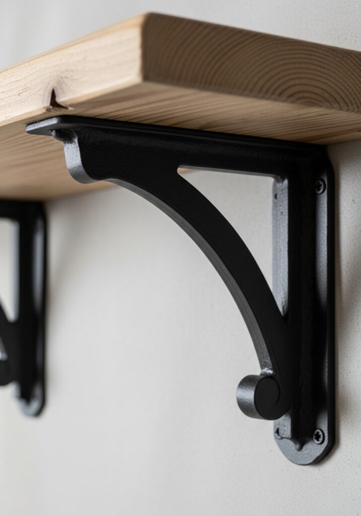 Close-up of decorative metal shelf brackets adding budget-friendly kitchen detail