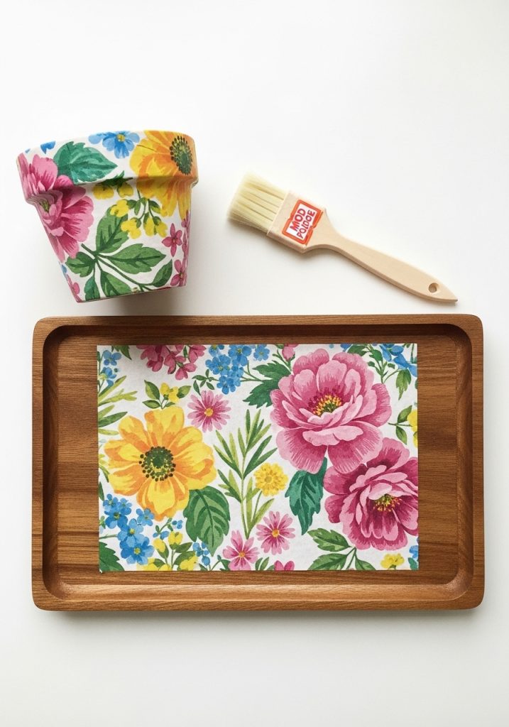Decoupage ceramic pot and wooden tray with summer floral paper in pink, yellow, and green for DIY home decor