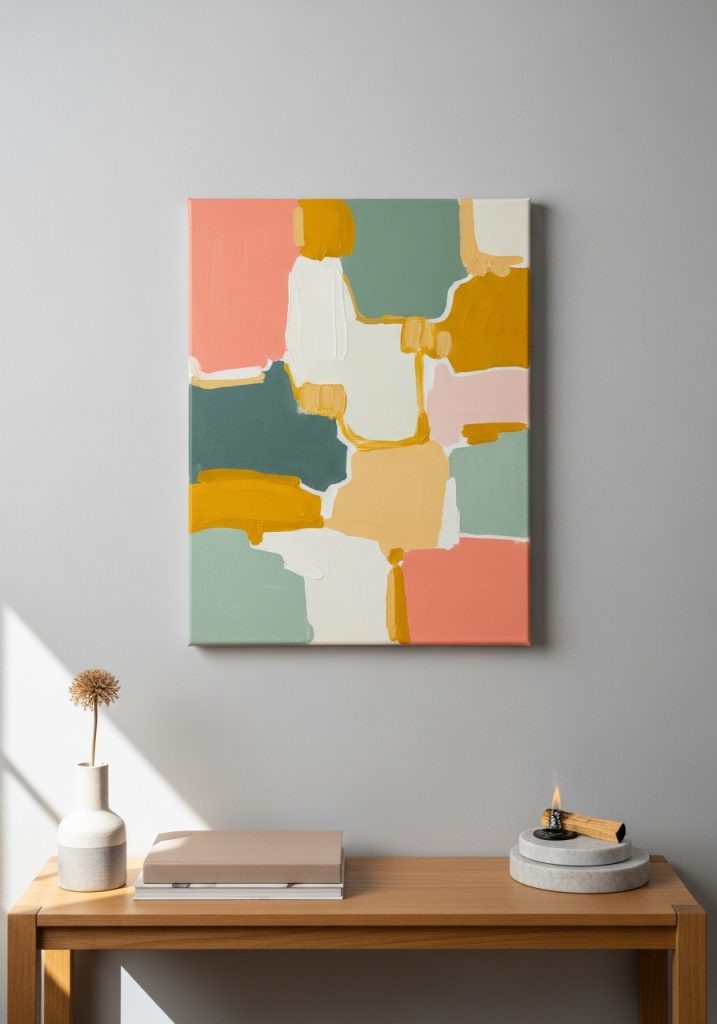 DIY abstract canvas painting in coral, sage, and yellow summer palette hanging above console table