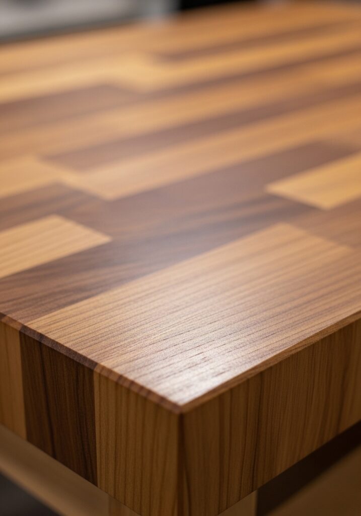 Close-up of budget-friendly DIY butcher block countertop with natural wood grain