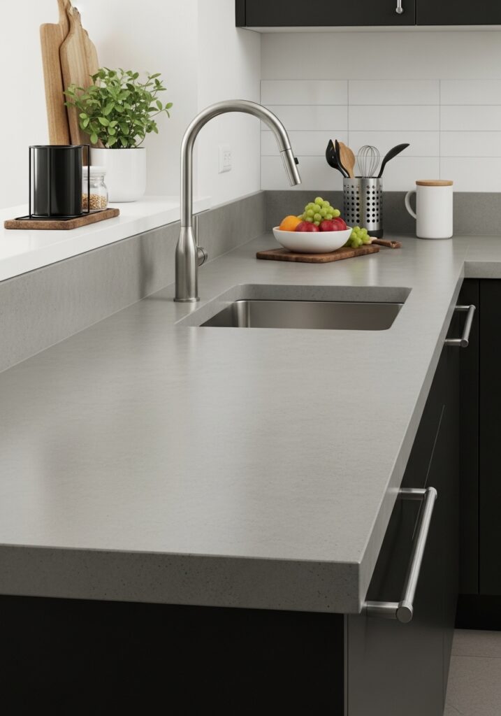 Budget-friendly DIY concrete kitchen countertop with smooth modern finish