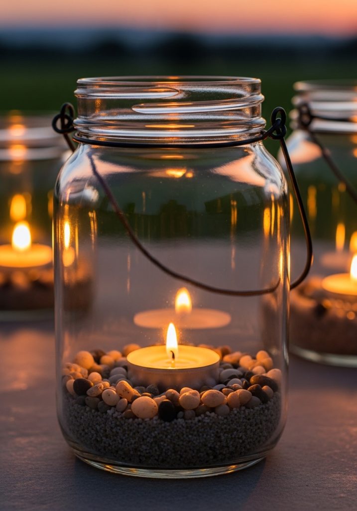 DIY glass jar lantern with wire handle and glowing tea light for summer outdoor decor