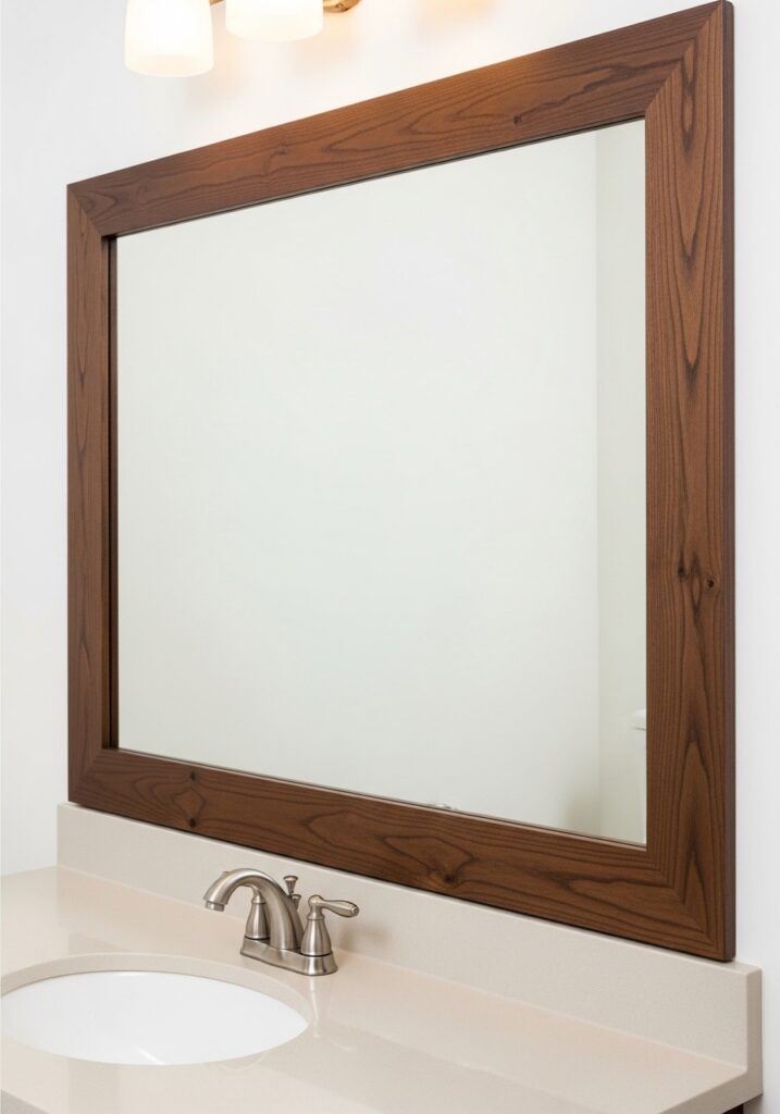 Builder-grade bathroom mirror with DIY wood frame