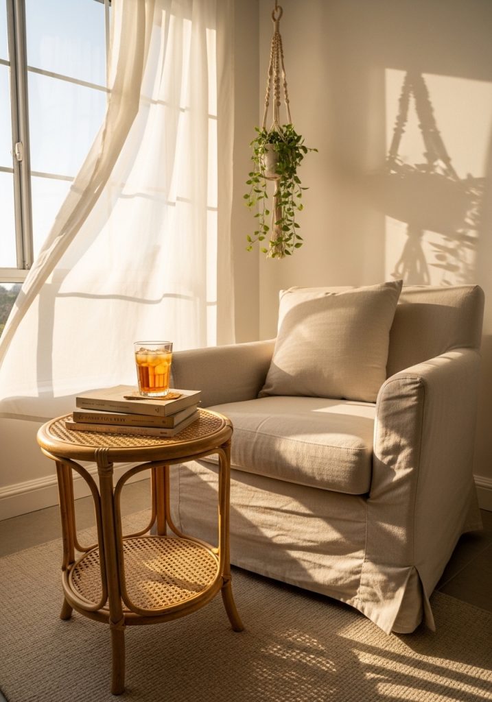 Dreamy summer reading corner with cream linen armchair, rattan side table, books, and golden afternoon light