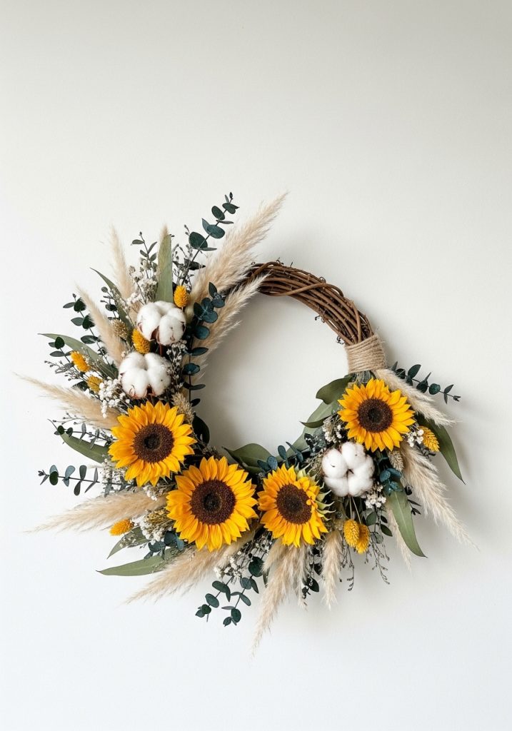 Handmade dried flower summer wreath with pampas grass, sunflowers, and eucalyptus on white wall
