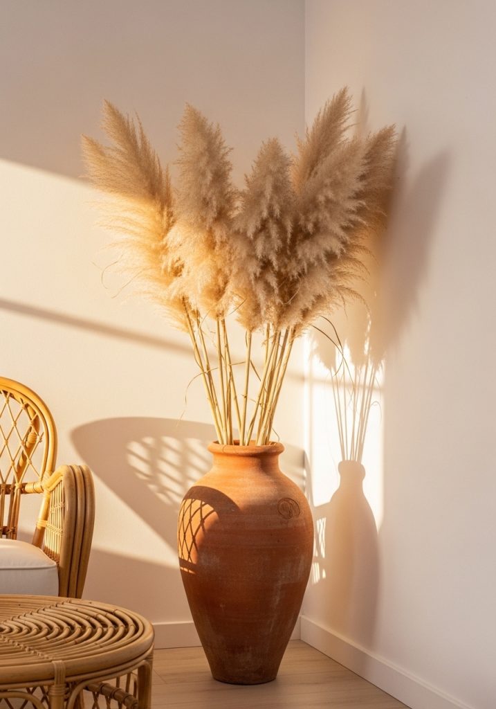 Tall dried pampas grass in terracotta floor vase in summer aesthetic living room corner