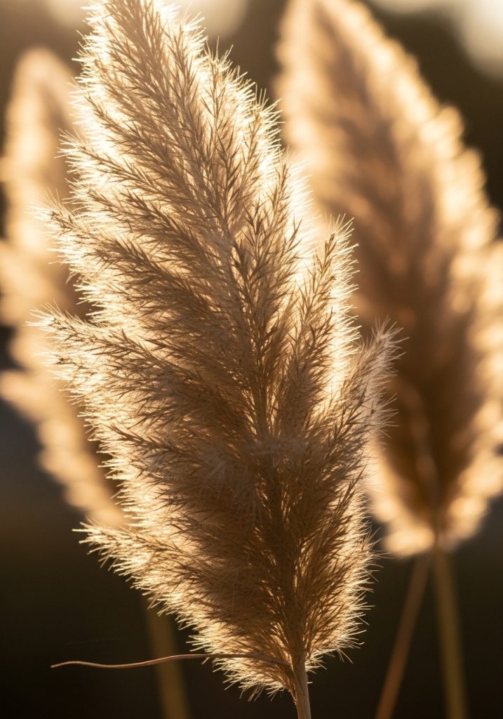 Close-up of dried pampas grass plumes with warm backlit sunlight for summer aesthetic decor detail