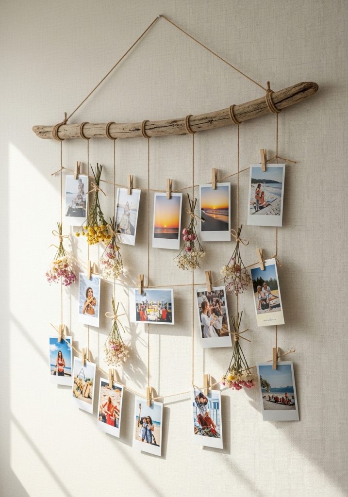 DIY driftwood photo display with summer polaroids and dried flower bunches hung on wall