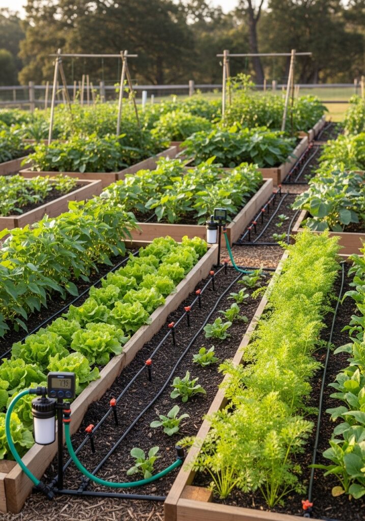 Raised garden beds with integrated drip irrigation system and timer