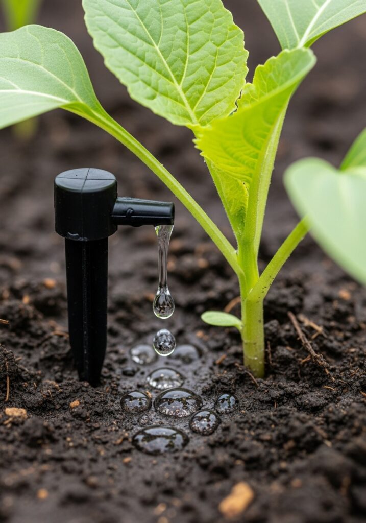 Close-up of drip irrigation emitter watering plant in raised bed