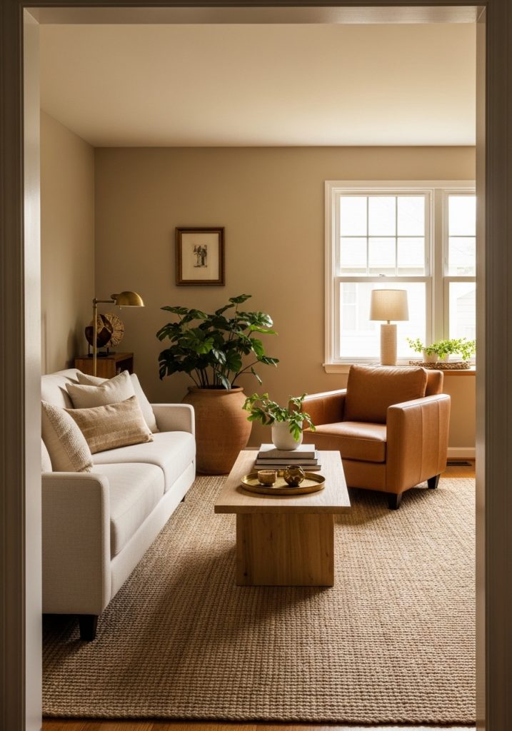 Earthy neutral summer aesthetic living room with oatmeal walls, cream sofa, jute rug, and terracotta plant pot
