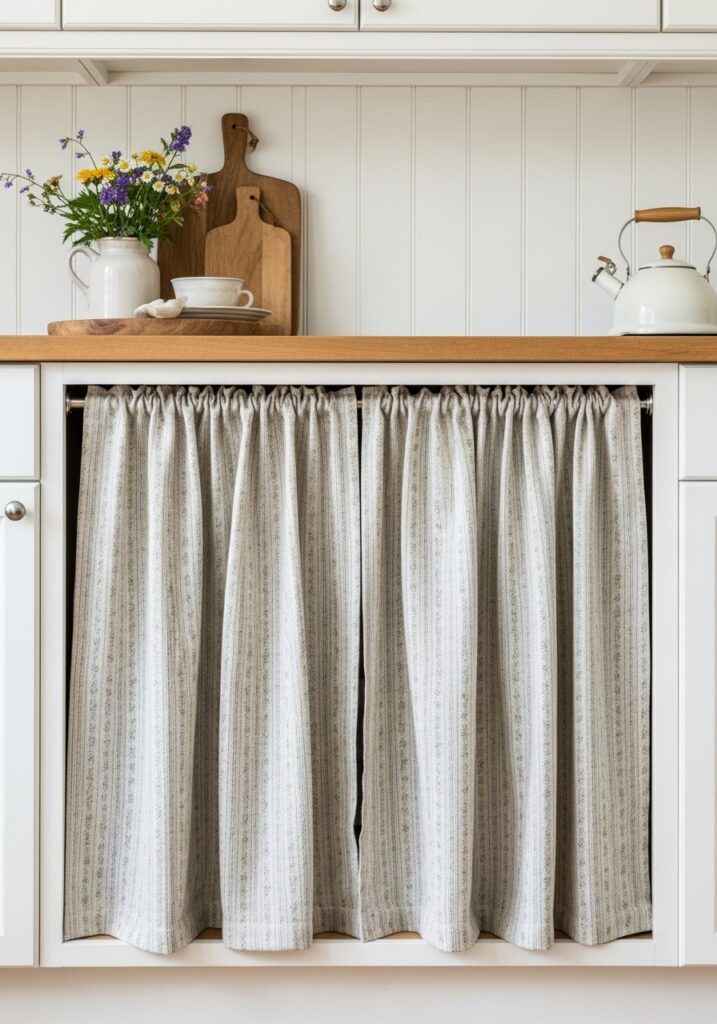 Budget kitchen with fabric curtains replacing cabinet doors for cottage style
