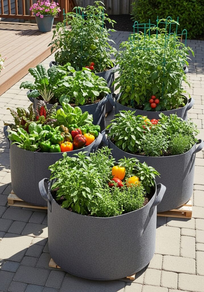 Large fabric grow bags on patio serving as portable raised bed alternatives