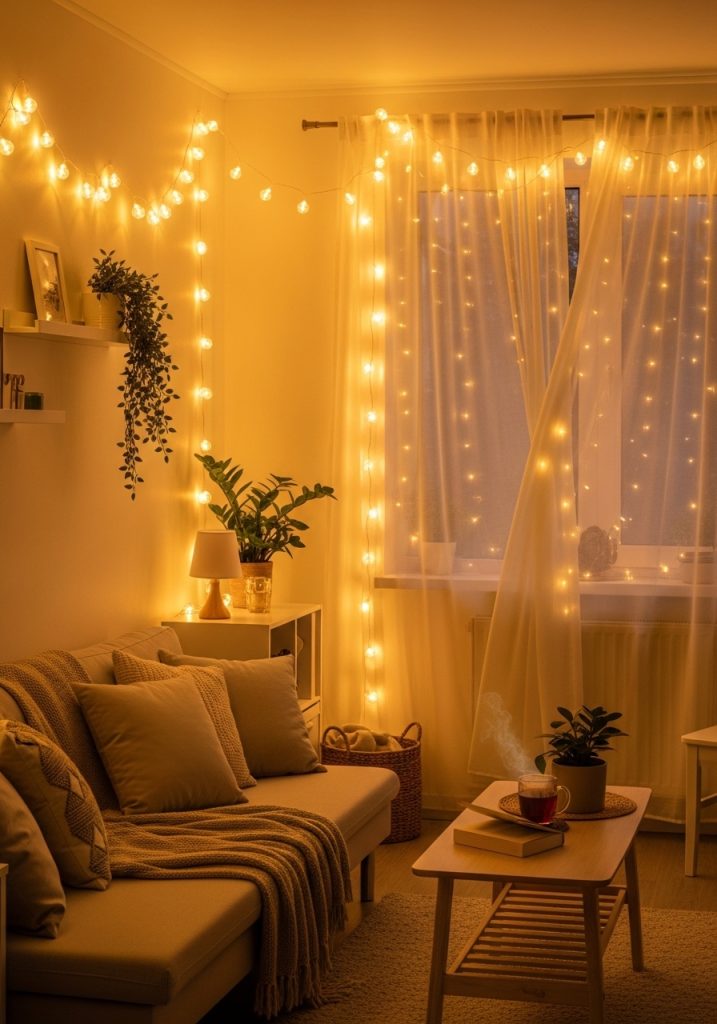 Warm fairy lights creating magical golden glow in summer aesthetic bedroom with sheer curtains and plants