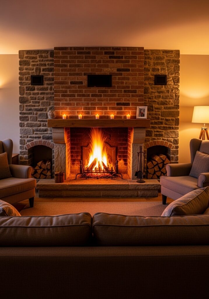 Fireplace creating warm focal point in cozy living room with seating arranged around it