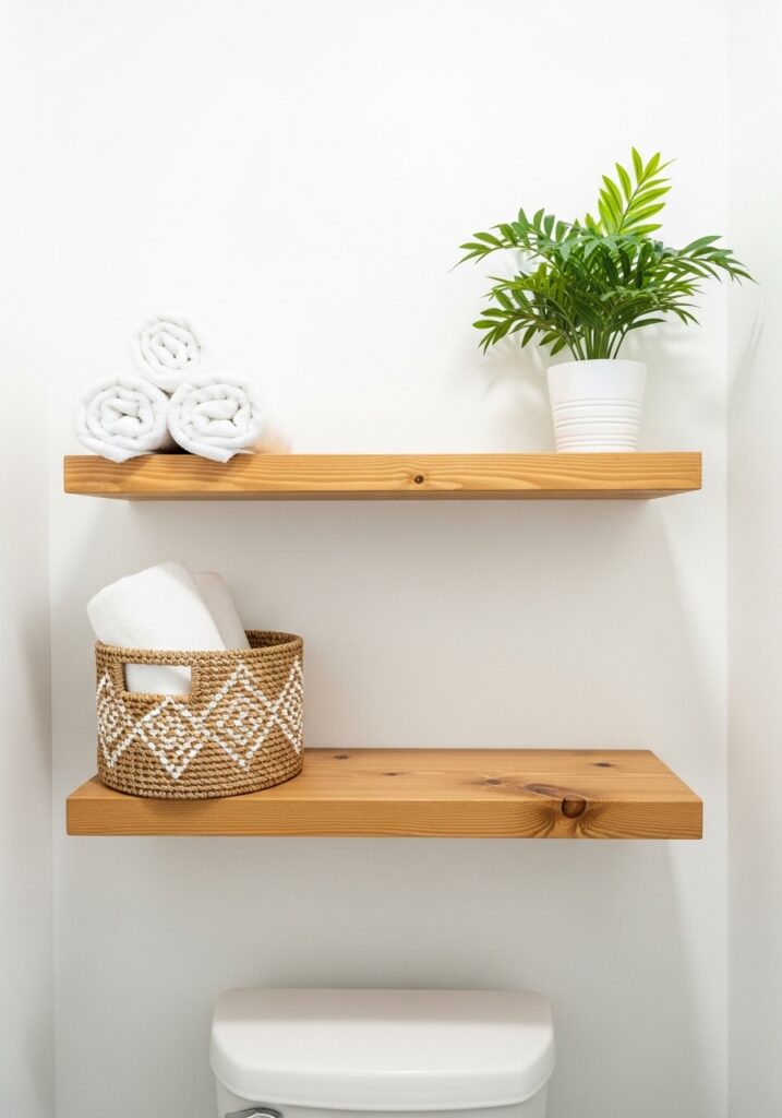 Floating wood shelves above toilet with towels and decor