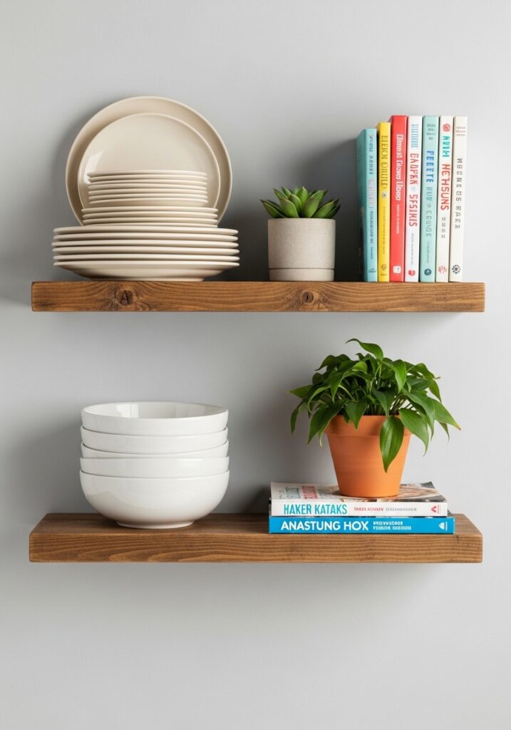 Budget-friendly wood floating shelves in kitchen with styled display