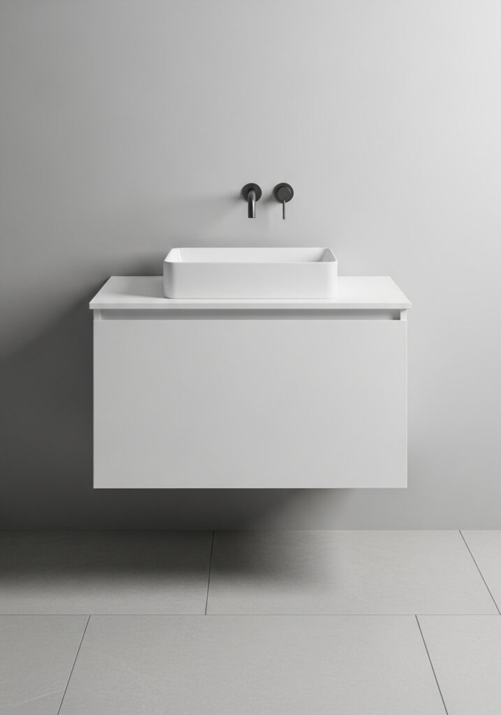 White floating vanity in small bathroom showing floor space underneath