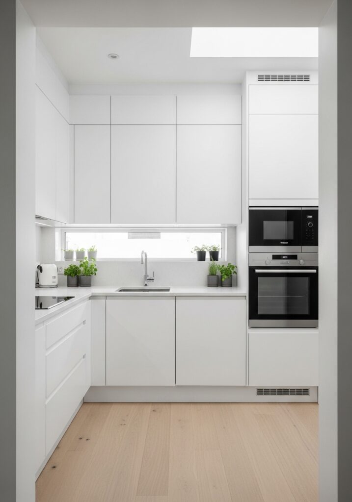 Small kitchen with floor-to-ceiling white cabinets maximizing vertical storage space
