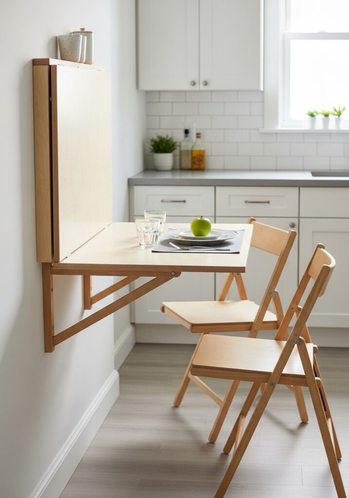 Wall-mounted fold-down dining table in small kitchen saving space