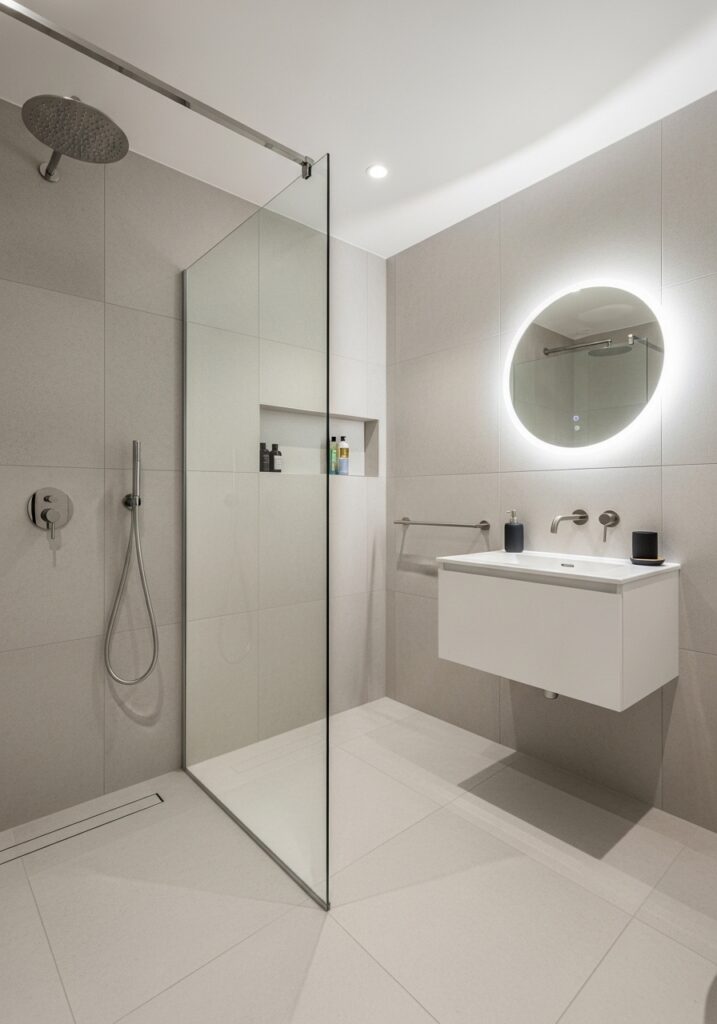 Partial frameless glass shower screen in small bathroom