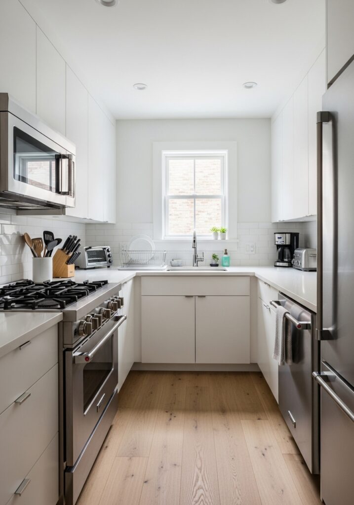 Efficient galley layout in small kitchen with parallel counters maximizing space